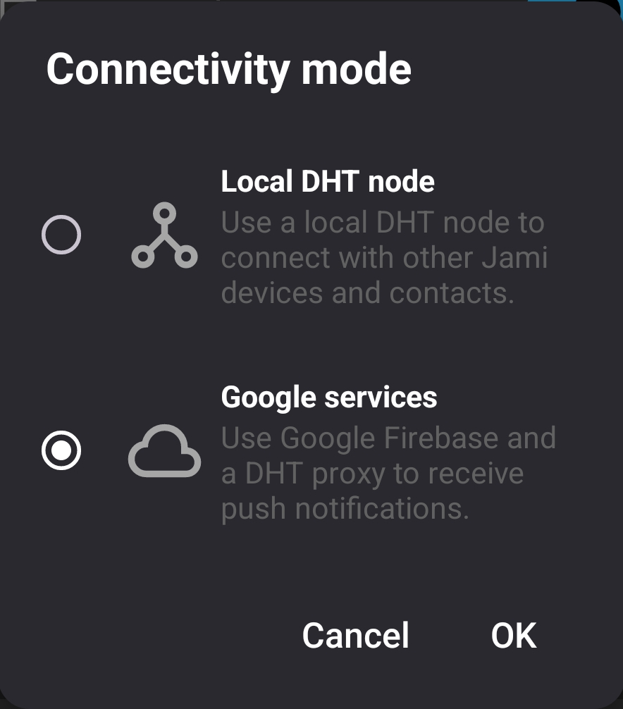 Jami's Connectivity Node settings.