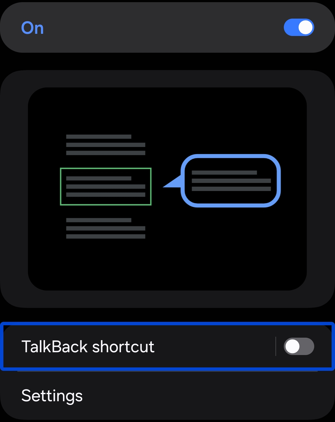 View of the TalkBack options in the Android settings