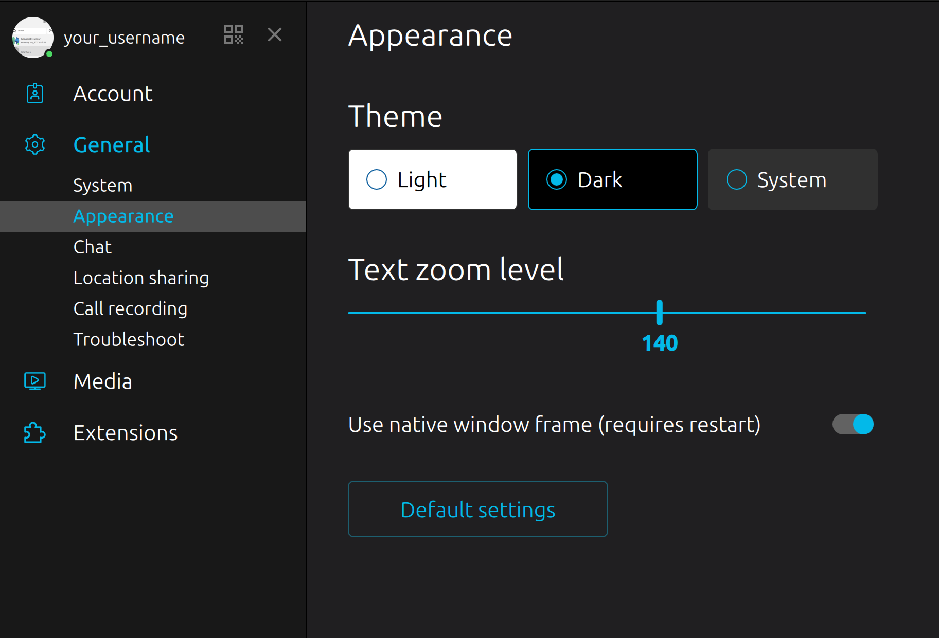 Jami settings with the UI scaled up