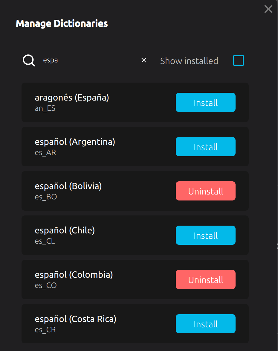 The spellchecker menu in Jami showing multiple variations of Spanish